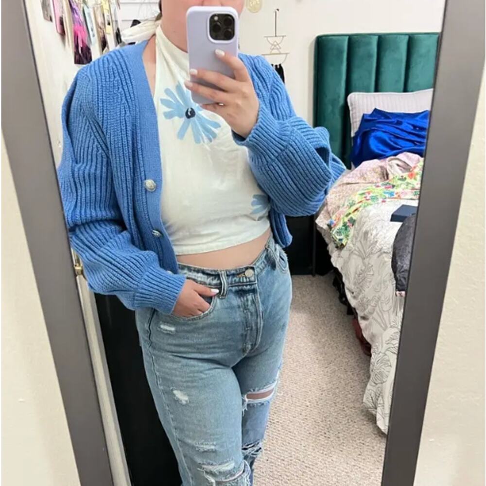 Derek Lam Blue Cropped Cardigan SMALL Cotton Sweater Twisted Sleeve Chunky $450 - Picture 6 of 12